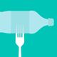 A fork and a water bottle against a teal background