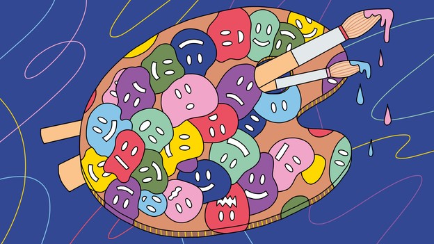An artist's palette with colored faces of varying emotions