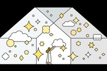 An illustration of a woman in a house filled with clouds, stars, and diamonds