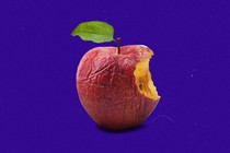 Graphic illustration of an old, rotting apple in the position of the Apple logo, on a royal-blue background