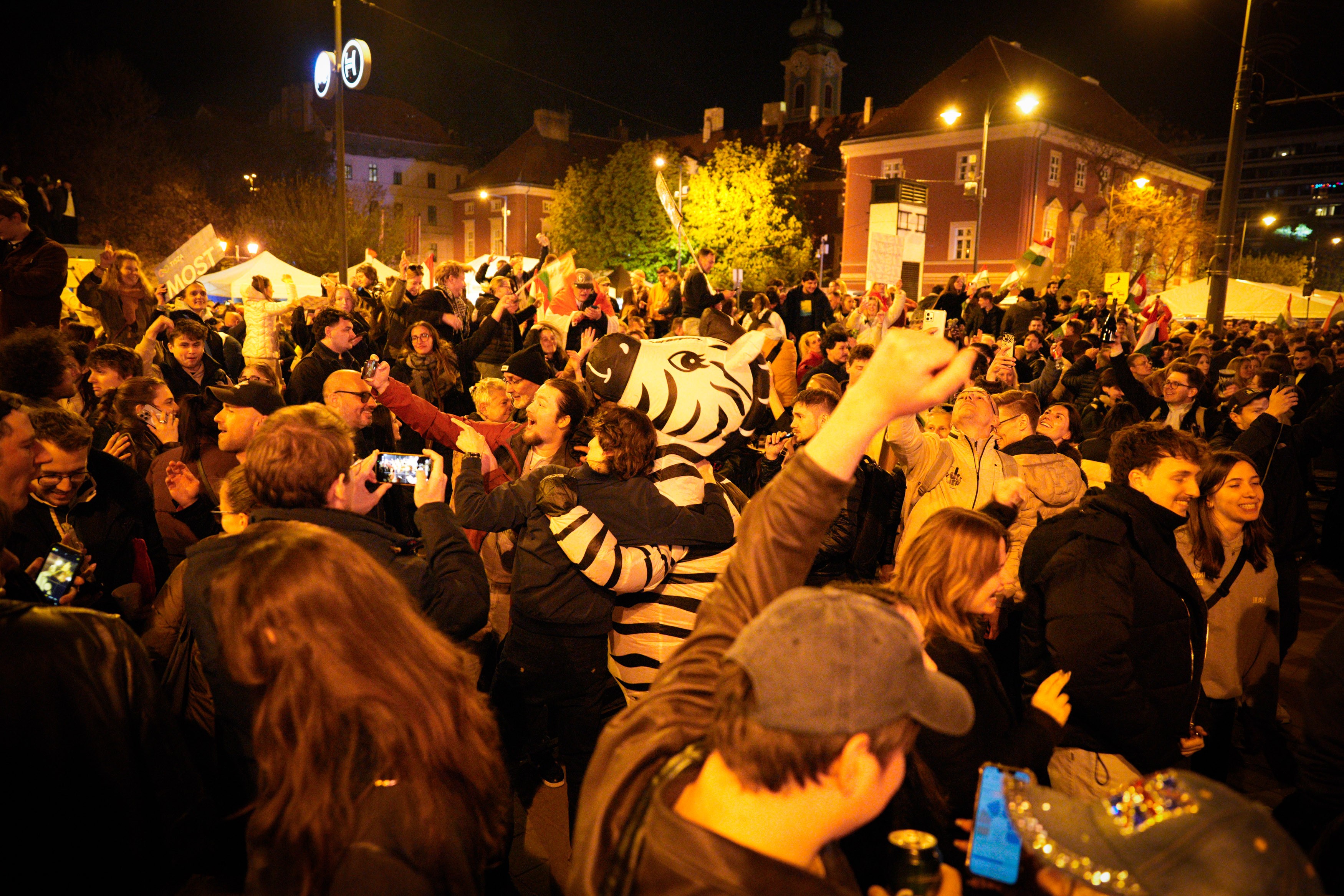 A crowd of people celebrate in a street, with one wearing an inflatable zebra costume.