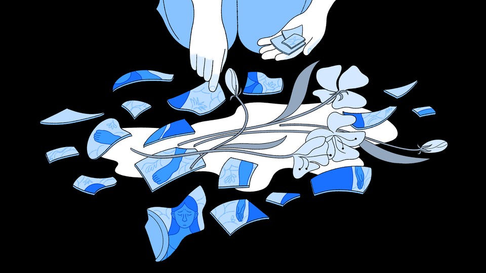 Illustration of a broken vase with the visage of a best friend reflected in the pieces