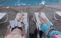 Two people sit in lounge chairs by a pool