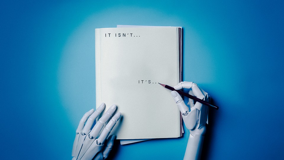 An illustration of a sheet of paper with a robot hand holding a pencil.