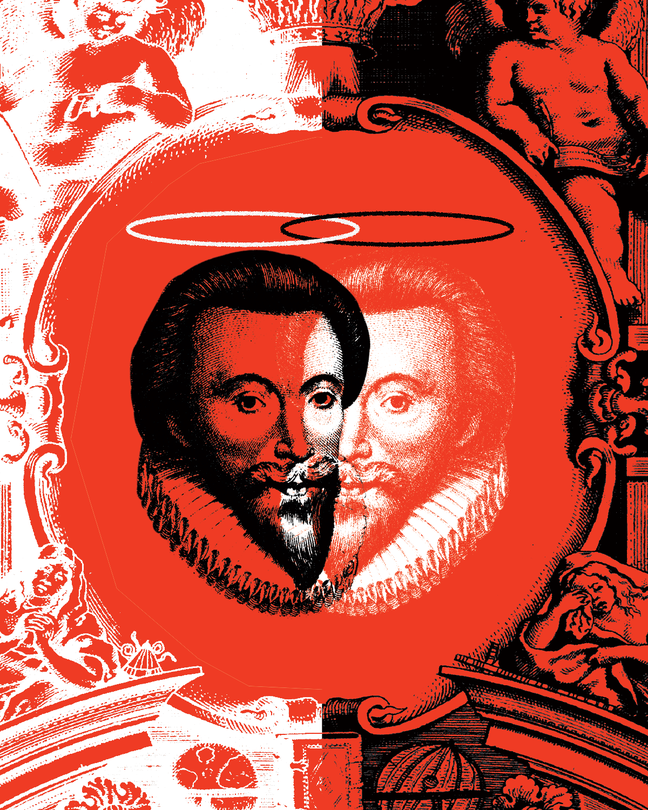 overlapping reversed engraved images of John Donne, one in black and one in white, with halos surrounded by cupids and ornamental border on red background