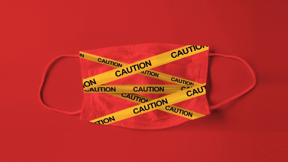 An illustration of a face mask with caution tape over it.