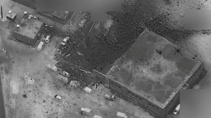 The photograph shows a site struck by the U.S. on March 16 that the Pentagon said was the scene of an al-Qaeda meeting in al-Jinah, Syria.