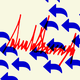 Illustration of blue arrows pointing backwards layered over a red Donald Trump signature