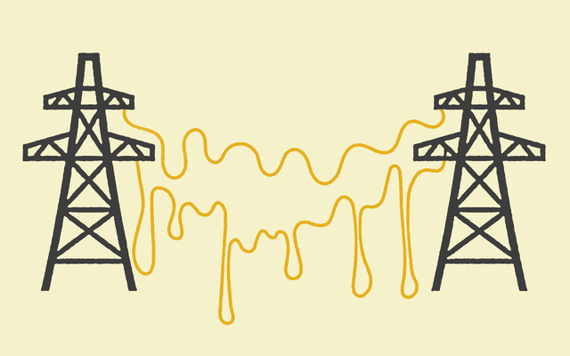 The power lines between two towers squiggle and squag as if melting in the heat