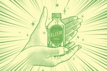 A pair of hands hold an elixir bottle with light and sparkles emanating from it