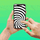 hands holding a smartphone with a swirly pattern