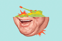 An illustration combining a laughing face and a tank