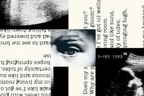 Images of a sonogram and an eye spliced over a page from a book.