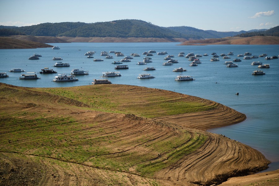Dozens of houseboats float in the very low waters of a reservoir.