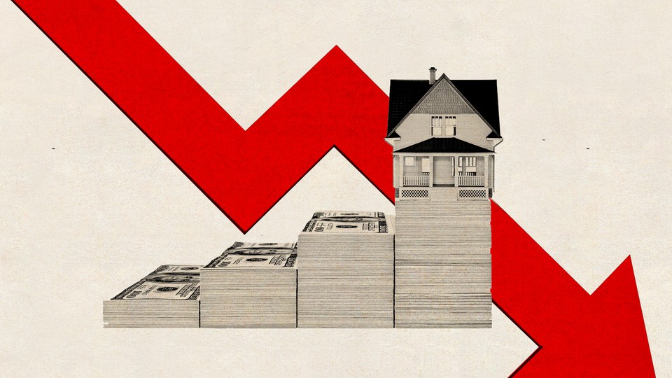An illustration of a house made of money and a an arrow pointing down