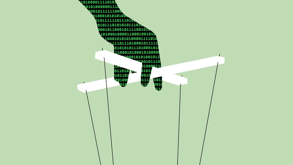 An illustration of a hand holding marionette strings. The hand is filled with binary code.
