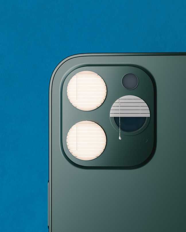 photo illustration of back of smartphone with 3-lens camera where 2 of the lens circles are covered by closed window blinds and the third lens is covered with half-open window blinds