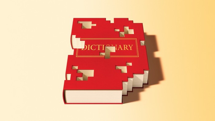 Illustration of red hardbound book with DICTIONARY written in gold letters missing large square chunks as if digitally decaying