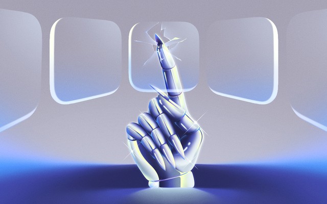 A robotic hand with long nails pressing with its index finger on a clear application for a smartphone app and shattering it as if it were glass