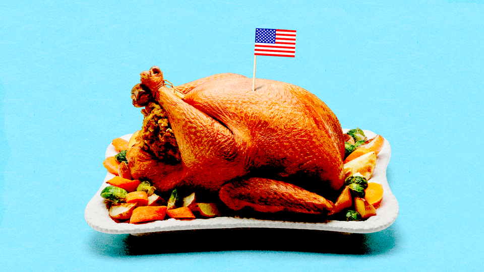 A Thanksgiving turkey with an American flag toothpick
