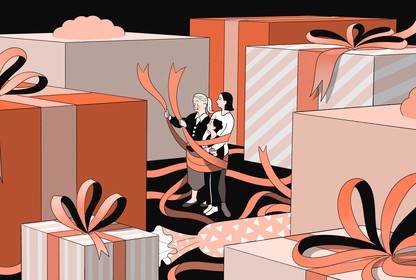 An illustration of a grandmother with her daughter and granddaughter surrounded by gift boxes