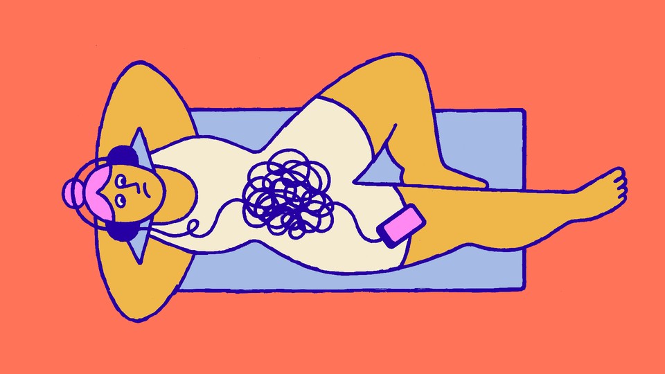 a cartoon drawing of a figure laying on a yoga mat, with a knot of headphones connected to a phone.