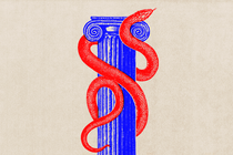 Illustration showing a red snake choking a blue column