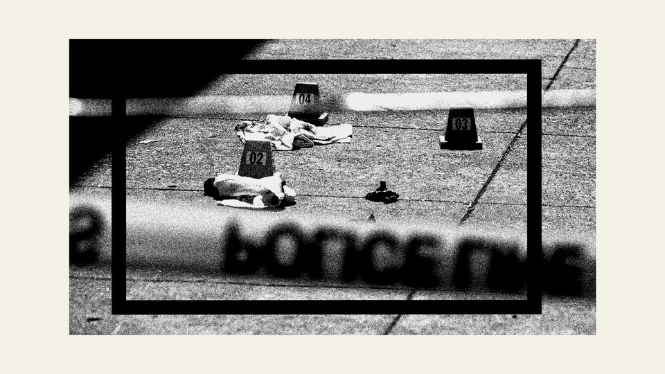 Black-and-white photo of police tape across a crime scene with numbered evidence markers