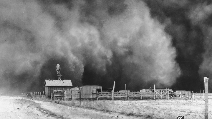 A ranch in Boise City, Oklahoma, is about to be encompassed by a gulf cloud in April 1935.