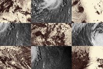 An illustration featuring a collection of images of Hurricane Milton as seen from outer space, in muted colors