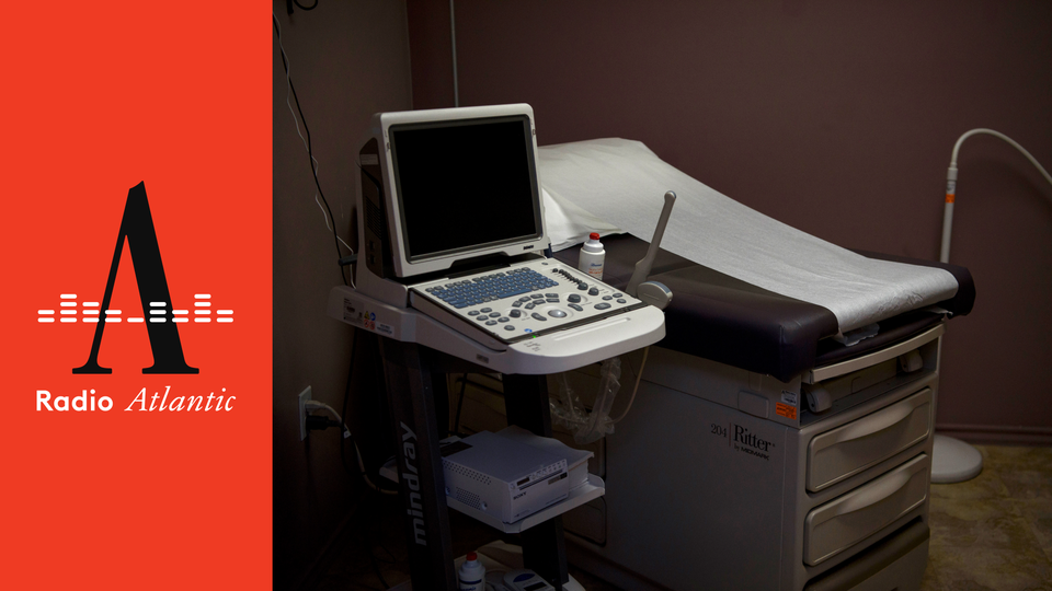 Photo of hospital examination table and monitor next to "Radio Atlantic" logo