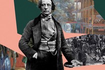 A photo of Charles Dickens against a collage of scenes from 19th-century London