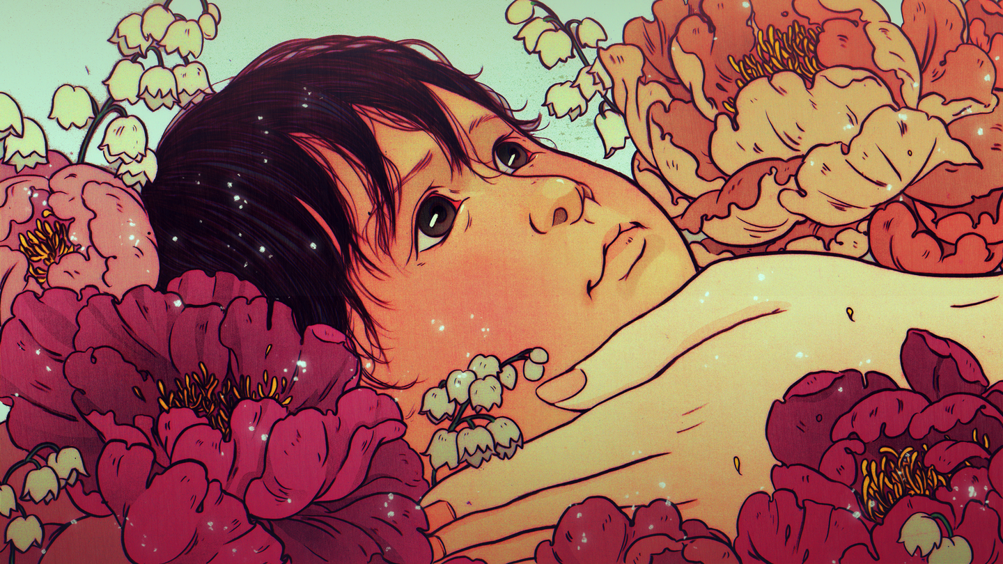 an illustration of a baby surrounded by flowers