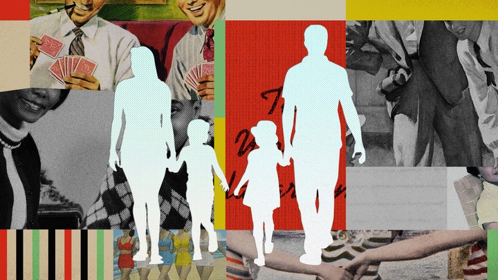 A collage of vintage photos of smiling adults, with the empty silhouettes of two parents and two kids superimposed over them