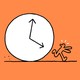 illustration of figure running away from huge rolling clock on orange background