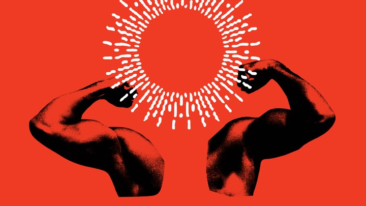Illustration: muscular arms flexing with a round halo shaped like the sun's corona in place of a head