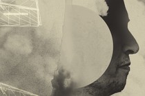 Elon Musk in clouds with a rocket launching and a wireframe of a tent