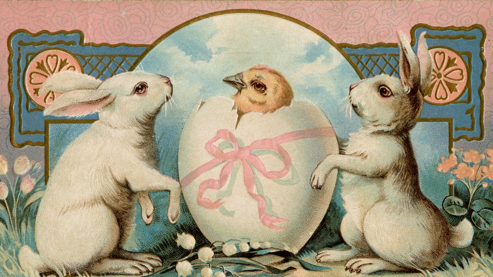 A faded, pink-toned illustration of two rabbits on either side of a chicken hatching from a egg that's wreathed in a pink bow. Small flowers and other decorative gold elements surround the illustration.