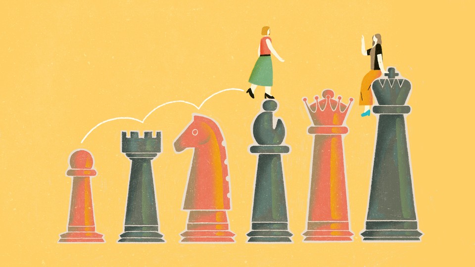 An illustration of two women hopping on top of chess pieces.