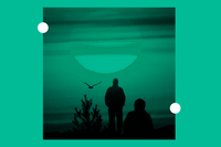 Two figures watch a bird in a sunset