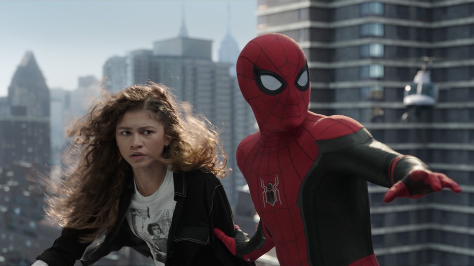 Spider-Man and MJ on a roof in 'Spider-Man: No Way Home'