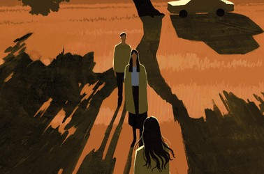 Illustration of tree in background casting a long late-afternoon shadow over three figures facing one another