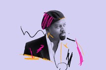 A black-and-white image of Ben Okri set on a lavender purple background, with illustrated hot pink, dark yellow, and black squiggles surrounding his portrait.