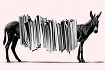 An illustration of a donkey with large stack of papers stretching over the the body