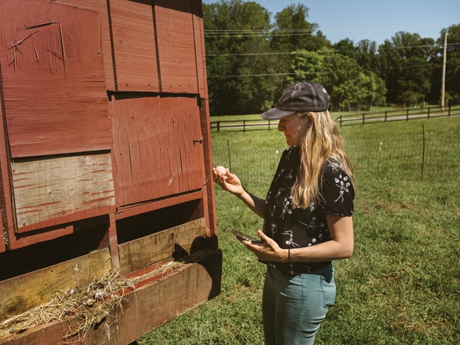 photo of author wearing hat and looking at an egg in her hand next to coop with green field and fence in background