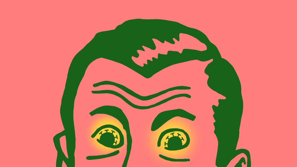 An illustration of a man peering over your screen with glowing yellow eyes reflecting coronavirus particles.