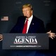 Donald Trump, wearing a dark suit, white shirt, and red tie, speaks at a lectern with an "America First Agenda Summit" banner across the front.