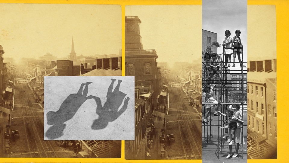 Collage with a black-and-white photo of two human shadows holding hands, children in a playground, and two duplicated, yellow-tinted photos of an empty city street
