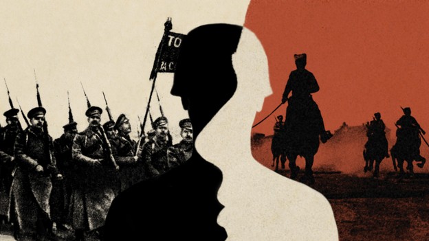 Illustration with archival photo of Russian soldiers on white background on left, archival photo of Russian cavalry on red background on right, with silhouette of soldier and overlapping profile of face in center