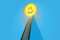 a long ladder leads up to a glowing yellow happy face on a blue background